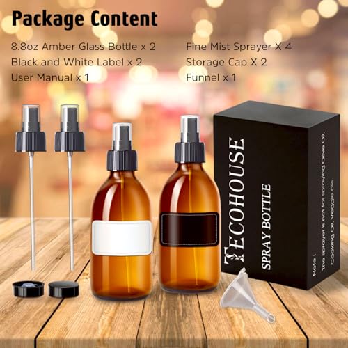 Amber Glass Spray Bottles 8.8 oz, 2 Pack Empty Spray Bottle for Cleaning | Empty Glass Spray Bottles for cleaning, Plants, Pets, Hair, Durable Spray Nozzle, Fine Mist, Labels, Funnel, Pipettes - color: 8.8 oz Amber