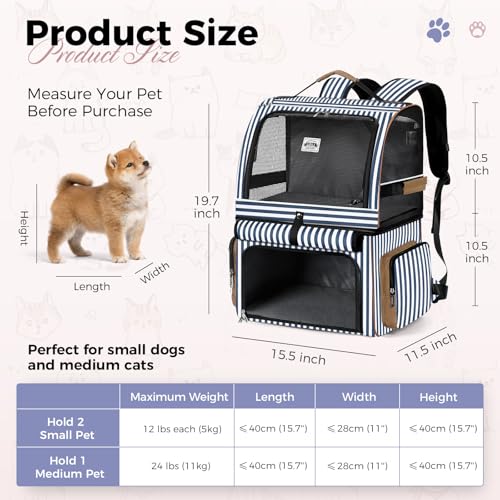Double Cat Backpack Carrier for 2 Cats, Double-Compartment Pet Carrier Backpack for 2 Small Cat or One Medium Cat, Cats Carrier Backpack Dog Carrier Backpack Fits Up to 24 Lbs,Blue Striped - color: Striped