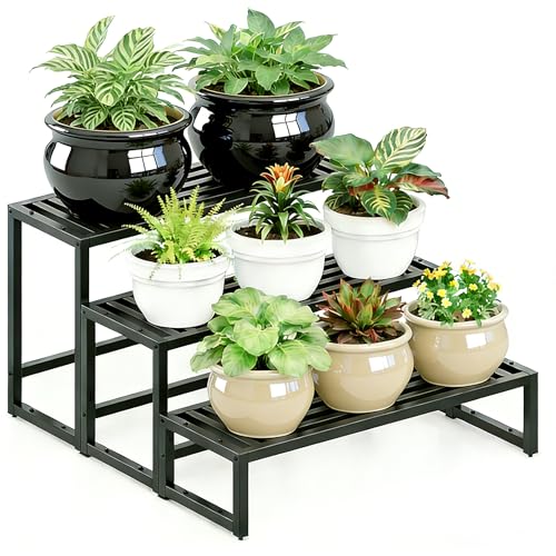 Metal Heavy Duty Plant Stand Indoor Outdoor,3 Tier Ladder Plant Stands Riser,Wrought Iron Plant Shelves for Multi Large Pots,Black Tiered Flower Display Holder for Living Room,Patio,1-Pack