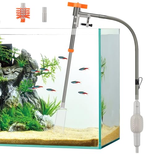 AQQA Aquarium Siphon Vacuum Cleaner Kit with 3 Replaceable Heads (S) | Simultaneous Water Changing, Cleaning in Fish Tanks, Gravel and Sand Cleaning (S) - size: S