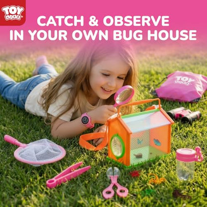 TOY Life Kids Explorer Kit with Bug Catcher for Kids, Bug Catching Kit with Bug Toys, Kid Safari Vest & Hat, Compass, Binoculars, Magnifying Glass, Educational Outdoor Toys Girls Kid Adventure Kit - color: 18 Pcs-pink