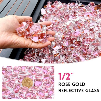10 Pounds Fire Glass 1/2 Inch High Reflective Tempered Firepit Glass | Rose Gold Rocks for Fireplace, Fire Pit Table, Fire Bowl and Landscaping & DIY Crafts - color: Rose Gold, size: 1/2 inch, 10lb