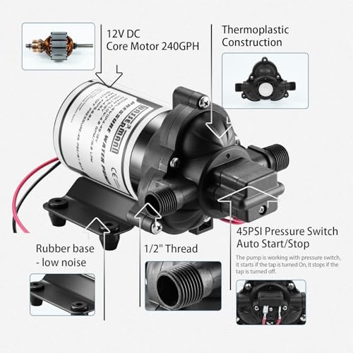 RV Pump, 12V Self-priming RV Water Pressure Pump 4.0GPM 45PSI with Pressure Switch, for RV Marine Camping Yacht Garden, 12Volt DC Fresh Water Pumps RV Water Pump 2088-554-144 Replacement - color: White02