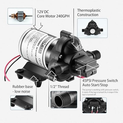 RV Pump, 12V Self-priming RV Water Pressure Pump 4.0GPM 45PSI with Pressure Switch, for RV Marine Camping Yacht Garden, 12Volt DC Fresh Water Pumps RV Water Pump 2088-554-144 Replacement - color: White02