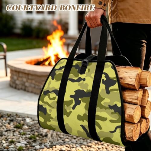 Camo Print Padded Handle Firewood Carrier | Water Resistant, Lightweight Foldable Design, Large Capacity, Easy Transport, Indoor Outdoor Firewood Holder - color: Lime Light Green Soft Camo Print