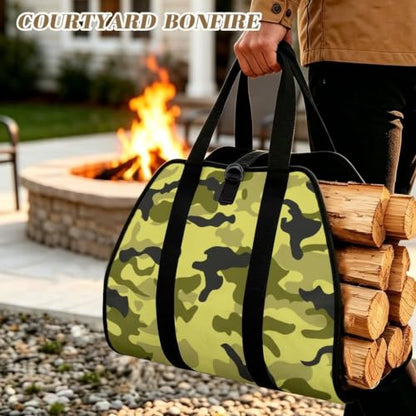 Camo Print Padded Handle Firewood Carrier | Water Resistant, Lightweight Foldable Design, Large Capacity, Easy Transport, Indoor Outdoor Firewood Holder - color: Lime Light Green Soft Camo Print