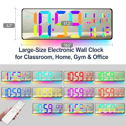 17.2 Inch Large Digital Wall Clock with Remote Control, Extra Large LED Display Wall Clock with Auto Dimming, Date Day Temperature, Countdown Timer, Alarm Clock for Gym Office Classroom (RGB) - color: Rgb