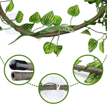 QUOZUO Reptile Tank Accessories, Artificial Plants Vines and Flexible Leaves With Suction Cups, Crested Gecko Tank Long Vines Hide for Climbing, Chameleon, Lizards