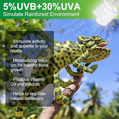 UVB Reptile Light Bulb 5.0, 23W UV Spiral Compact Florescent Terrarium Lamp Ideal for Tropical Reptiles Bearded Dragon Hermit Crab Turtle Leopard Gecko Tank Chameleons Iguanas Snake - 2 Pack - size: UVB5.0