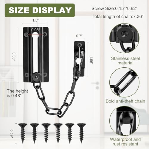 2 Pack Door Chain Lock Black, Security Door Chain for Inside Door, Premium Thickened Chain Door Lock with 12 Screws