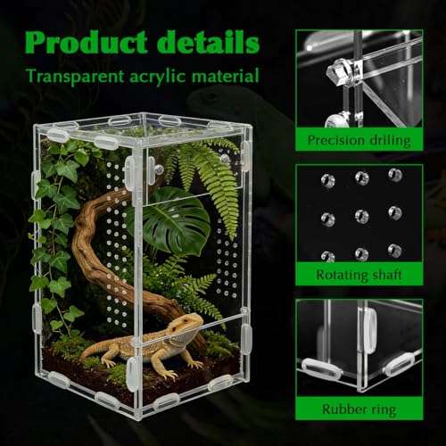 Jumping Spider Enclosure, 4x4x8 Inch Acrylic Reptile Terrarium Enclosure, with Magnet Front Opening Door, for Snail, Spiders, Mantis, Lizard, and Small Reptiles(Tweezer & Temp Sticker Included)
