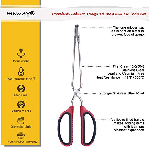 HINMAY Stainless Steel Scissor Tongs 10-Inch and 12-Inch Set, Set of 2 - color: Red Handle, size: 10-Inch + 12-Inch