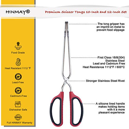 HINMAY Stainless Steel Scissor Tongs 10-Inch and 12-Inch Set, Set of 2 - color: Red Handle, size: 10-Inch + 12-Inch