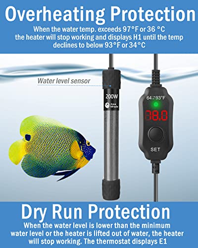 AquaMiracle Aquarium Heater 200W Fish Tank Heater for 20-40 Gal Tanks, LED Digital Display Thermostat Turtle Heater with Out-of-Water Auto Shut-Off, Overheat Protection & Memory Function - size: For 20-40 Gal Tank