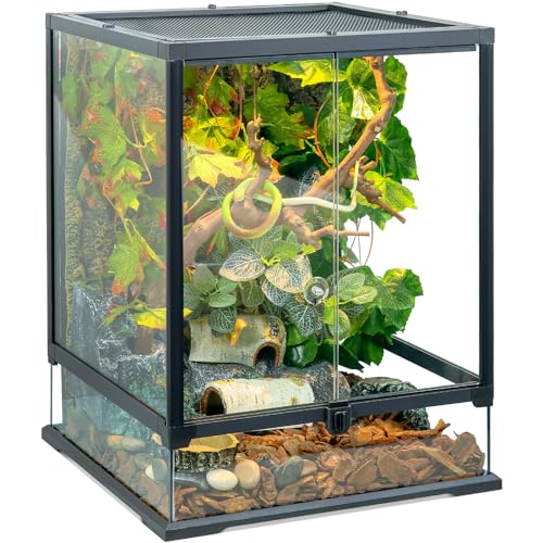 24x18x18'' Front-Opening Glass Reptile Tank for Gecko & Snake | Watertight base & metal mesh top; front-opening for easy feeding; pre-drilled cable holes. Fits tree frogs & chameleons. - size: 24'' x 18'' x 18''