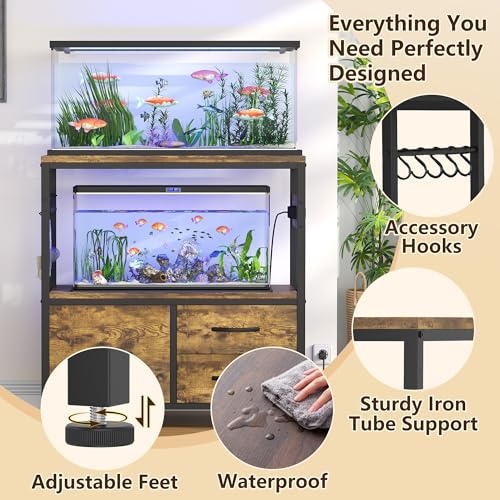 Heybly 20-29Gal Fish Tank Stand with Drawer, Power Outlet,330lbs HAS001SR-1 | Aquarium Stand,Heavy Duty Metal Frame for Fish Tank, Turtle & Reptile Terrarium, 31.5" x 15.7" Top, Rustic Brown - color: Rustic Brown, size: 20-29 gal