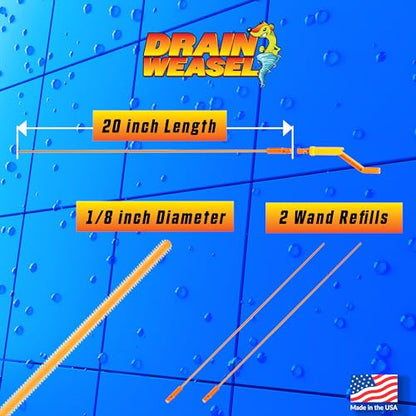 FlexiSnake Drain Weasel Max Sink Snake Hair Clog Remover Tool, 2 Wands | 20" Long Refills, Pipe, Bathroom, Bathtub Drain Cleaner, Removable Handle, Made in The USA