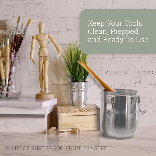 U.S. Art Supply Large Stainless Steel Leak-Proof Deluxe Paint Brush Washer with Wash Tank, Clip-On Lid, and Strainer Cup - Oil Paint Brush Cleaner for Artists