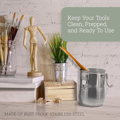 U.S. Art Supply Large Stainless Steel Leak-Proof Deluxe Paint Brush Washer with Wash Tank, Clip-On Lid, and Strainer Cup - Oil Paint Brush Cleaner for Artists