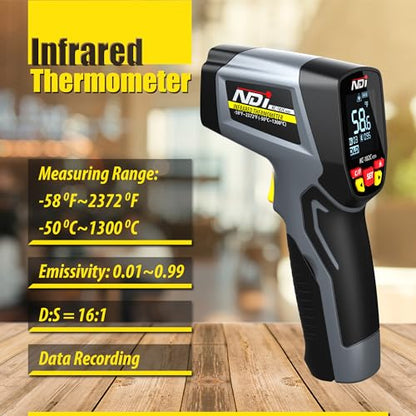 High-Precision Infrared Thermometer Temperature Gun, -58℉ to +2372℉, Multi-Purpose for Cooking, Steel Smelting, Automotive Engine Repair, HVAC IRT Gun with Adjustable Emissivity