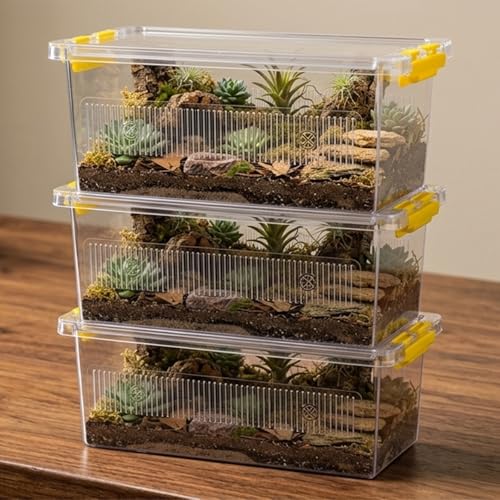 4 Pack ABS Reptile Breeding Box with 100 Non-Woven Pads Each – Stackable Reptile Enclosure for Snakes, Lizards & Spiders – Ventilated Hatchling Reptile Terrarium 8.7x4.3x3.9 Inch