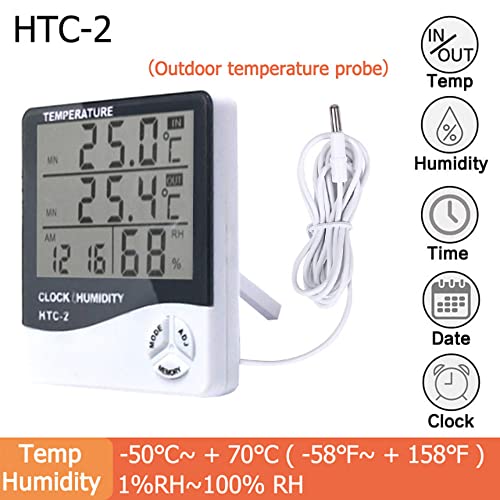 Temperature Humidity Meter,LCD Electronic Digital Outdoor/Indoor Thermometer Hygrometer with Clock Time Humidity Monitor for Home,Bedroom,Pet,Reptile,Plant,Greenhouse,Basement,Guitar (HTC-2)
