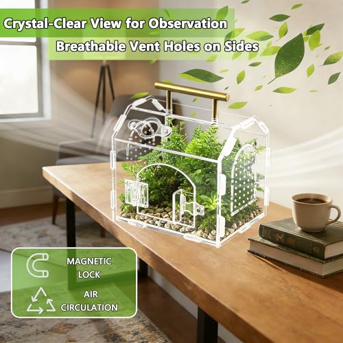 5.9" Acrylic Spider Enclosure, Clear Habitat with Magnetic Door | Clear acrylic habitat with magnetic feeding door and ventilation holes for jumping spiders tarantulas and small invertebrates - size: Handle House Acrylic Terrarium