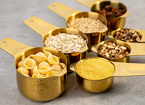 7-Piece 18/8 Stainless Steel Measuring Cups Set, Gold | Includes 1/16, 1/4, 1/3, 1/2, 2/3, 3/4 and 1 Cup, Engraved US and Metric Markings, Pour Spouts and Ring Connector - color: Gold, size: 7 Piece