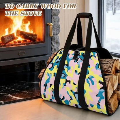 Sweet Camo Print Wood Transport Sack Firewood Tote | with Reinforced Handles, Large Capacity, Open-Ended Design, for Stoves, Fire Pits and Long Camping Trips - color: Pink Yellow Blue Sweet Camo Print