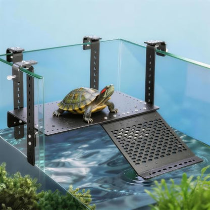 Adjustable Hanging Acrylic Turtle Basking Platform 14x8 for 0.3-2" Tanks | Black acrylic turtle dock with ramp fits 0.3"-2" thick aquarium rims. Acrylic basking platform for aquatic tanks. - size: 14'' x 8''