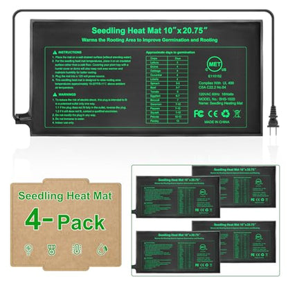 Seedling Heat Mat 4 Pack Dual Certified by MET and UL Plant Heating Mat Pad with Power Failure Protection Thermostatic Waterproof Suitable for Seedlings
