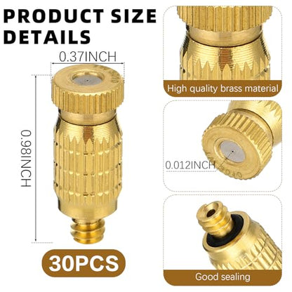 30 Pack 0.020" (0.5 mm) 10-24 UNC Brass Misting Nozzles High Pressure Misting System Heads Sprayer for Outdoor Cooling System Anti-drip Fogging Spray Heads for Gardening Landscaping Cooling