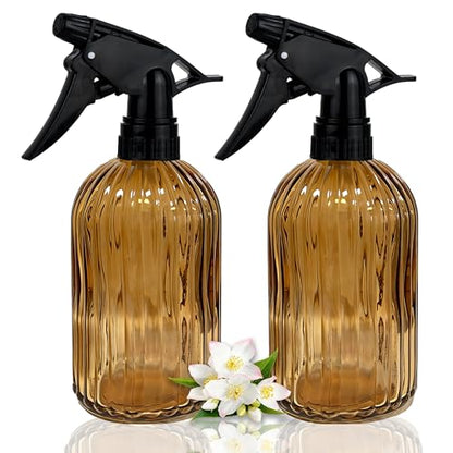 Brown Ribbed Glass Plant Spray Bottle 2 Pack, 13.5oz Adjustable Nozzle | Drip-free semi-transparent glass, fine mist to stream. Refillable for plants, cleaning, hair, pet care, eco friendly - color: Amber