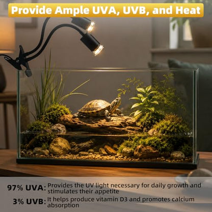 Reptile Heat Lamp with Timer & Hygrothermograph, Double-Head UVA UVB Reptile Light, Simulated Sunlight Basking Spot Lamp for Turtle, Lizard, Snake, Beared Dragon, Amphibians, 2 Bulbs 25W+50W