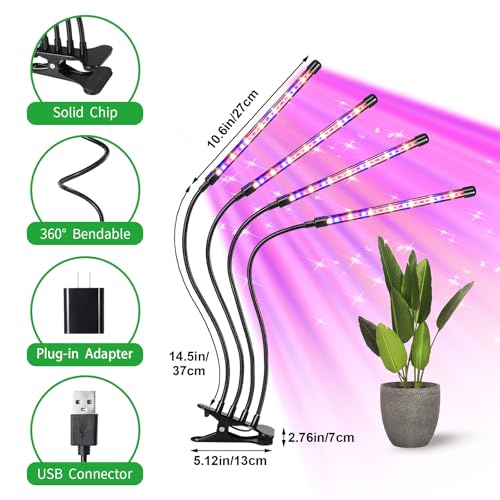 4 Head LED Plant Grow Light, Full Spectrum Clip on Plant Growing Light with Red, Blue, Yellow Beads, 10 Brightness Levels, 3 Light Modes, 3/9/12H Auto Timer,Suitable for Indoor Plants - size: Red+Blue+Yellow-4Head 1Pack