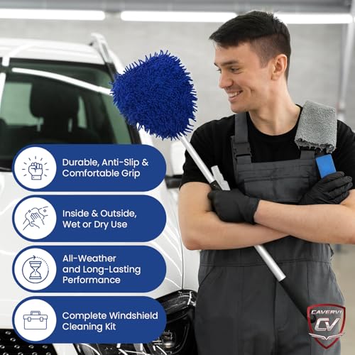 Windshield Cleaner Tool for Inside Car Windows with 6 Microfiber Pads Power Blade Glass Cleaning Kit, Magnetic Reach Handle for Auto Interior, Streak Free Window Supplies