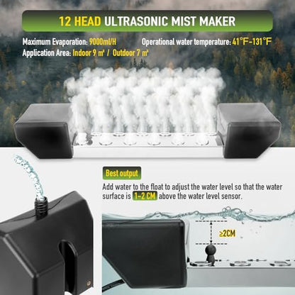 Ultrasonic Fogger Mist Maker 12 Head (9000ml/H) with 400W Waterproof Power Supply & Floats, Ultrasonic Humidifier Ideal for Pond, Vegetable Preservation, Landscape, Lawn, Halloween