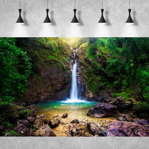 Waterfall Aquarium Background Deep Forest Natural Landscape Terrarium Background Falls Green Jungle Plants Huge Rocks Fish Tank Background Waterfall Rock Reptile Habitat Background Vinyl 24x12in - color: Ochre, size: 24(W)x12(H)in