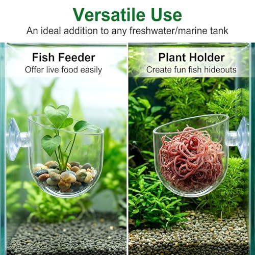 Gjinxi Aquarium Plant Holder 2 Pcs, Fish Tank Plant Pot Aquatic Plant Cup | Clear, Acrylic, Red Worm Fish Shrimp Feeder, Aquarium Planter Cup, with Suction Cup, for Home Fish Tank, Aquascape Decor