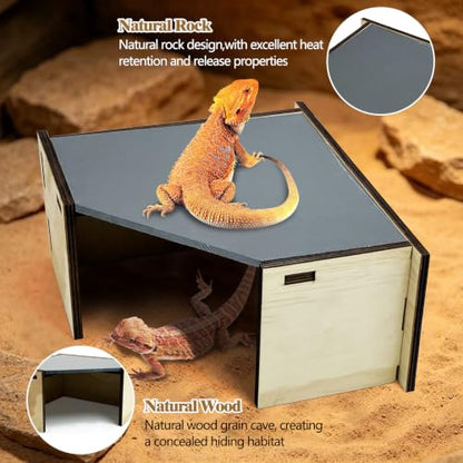 Tfwadmx Bearded Dragon Basking Platform with Hideout Wooden Lizard Hideout Reptile Slate Rocks Basking Platform with Hiding Cave Tank Accessories for Lizards Snakes Tortoise - size: Style 1: 9.4" x 8.6" x 4.5"