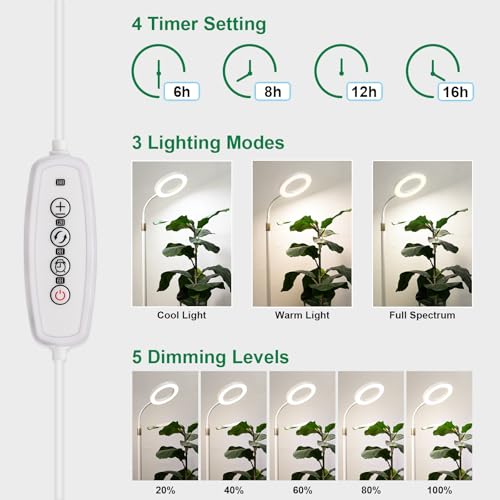 LBW Grow Light with Stand for Indoor Plants, Adjustable Height up to 68", Full Spectrum Grow Light for Large & Tall Plants, Auto Timer 6/8/12/16H, 5-Level Dimmable, 3 Lighting Modes - size: 1 Head 6.3" White