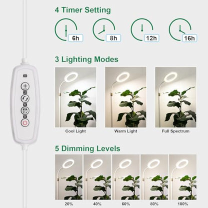 LBW Grow Light with Stand for Indoor Plants, Adjustable Height up to 68", Full Spectrum Grow Light for Large & Tall Plants, Auto Timer 6/8/12/16H, 5-Level Dimmable, 3 Lighting Modes - size: 1 Head 6.3" White