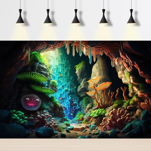 Jungle Cave Aquarium Background Cartoon Cave Landscape Fish Tank Background Abstract Bright Lights Luminous Mushrooms Tropical Plants Reptile Tank Enclosure Terrarium Backgrounds 36x24in - color: Green Purple, size: 36(W)x24(H)in