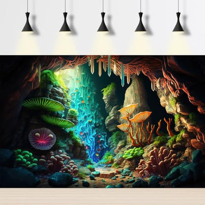 Jungle Cave Aquarium Background Cartoon Cave Landscape Fish Tank Background Abstract Bright Lights Luminous Mushrooms Tropical Plants Reptile Tank Enclosure Terrarium Backgrounds 36x24in - color: Green Purple, size: 36(W)x24(H)in