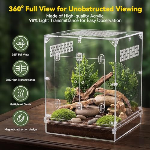 CADUKE 12"x12"x16" Reptile Terrarium, 10 Gallon Reptile Tank, Reptile Enclosure with Double Door, Water Area, Acrylic Reptile Enclosure Terrarium for Crested Gecko, Leopard Gecko, Spider, Snake