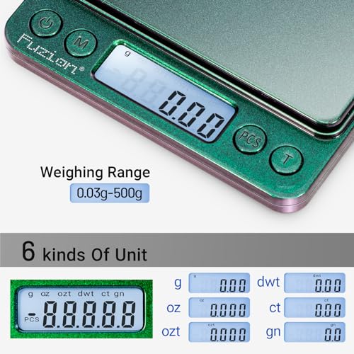 Fuzion Digital Scale .01 Gram Accuracy, 500g Small Kitchen Food Scales | 2 Trays Included for Jewelry, Gold, Herb, Powder, Spice, Coffee, Coin - Weight Gram and Oz - color: Ombré Purple-Green