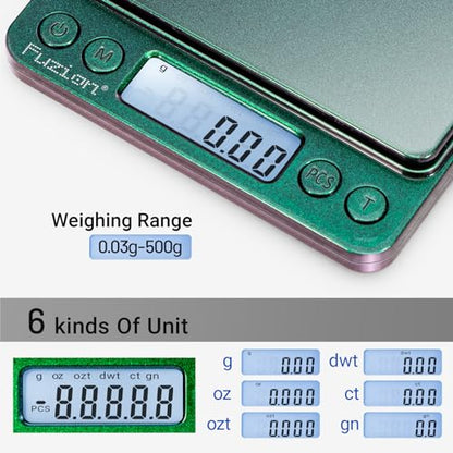 Fuzion Digital Scale .01 Gram Accuracy, 500g Small Kitchen Food Scales | 2 Trays Included for Jewelry, Gold, Herb, Powder, Spice, Coffee, Coin - Weight Gram and Oz - color: Ombré Purple-Green