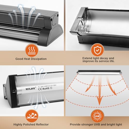 T5 HO UVB Reptile Light Fixture with 10.0 UVB Bulb, 24W High Output UVB Light for Reptiles, 22" T5 UVB Light Bar for Bearded Dragons, Tortoises, Iguanas, Desert Reptile UVB Lamp for Terrarium Lighting
