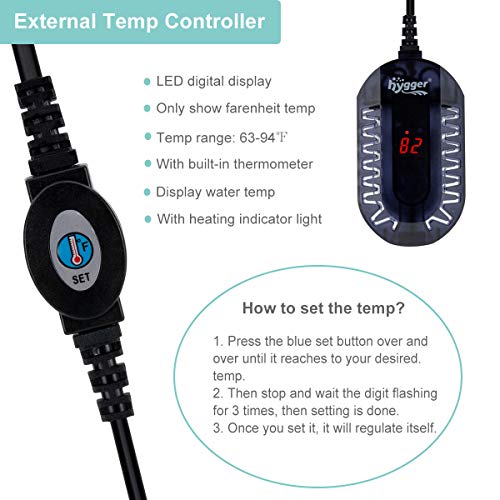 Hygger 50W Mini Submersible Digital Display Aquarium Heater for Small Fish Tank, Compact and Fast Heating Thermostat, with External Controller and Built-in Thermometer, for Betta, Turtle - size: 50W (1-6.5 gallon)