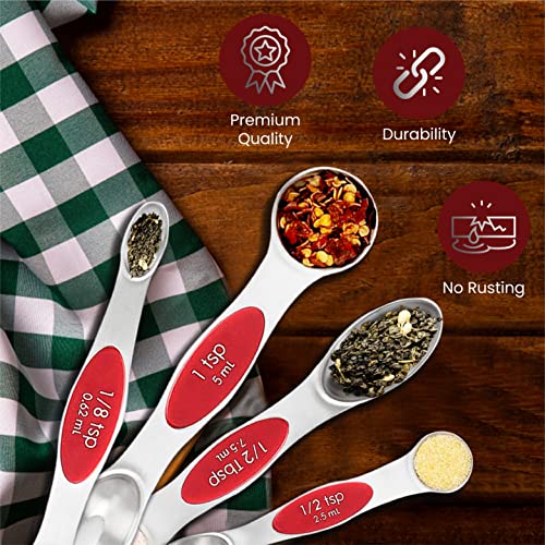 Magnetic Measuring Spoons Set of 9 Stainless Steel Dual-Sided Stackable Measuring Spoon Nesting Teaspoons Measuring Dry and Liquid Ingredients, Fits in Spice Jars Set of 9 (Red) - color: Red